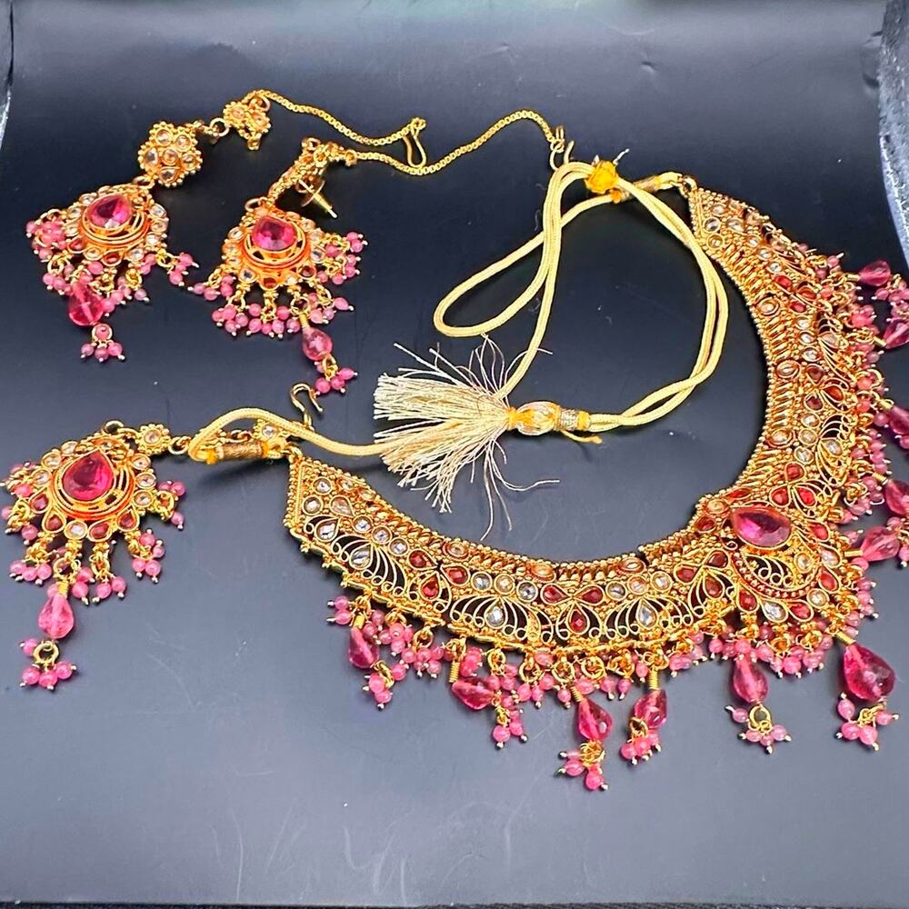 Traditional Indian Wedding Set Necklace Earring jewelry India Gold Red Pink